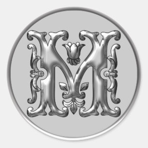 Initial M Round Sticker in silver