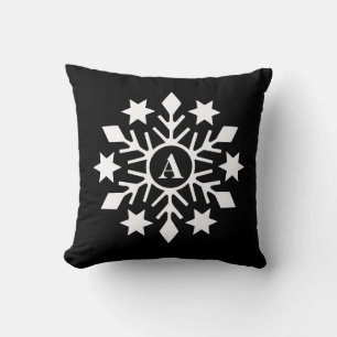 Initial Modern Black White Christmas Snowflake Throw Pillow