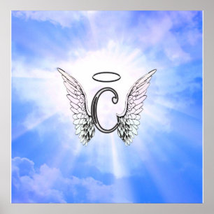 Initial Monogram C With Angel Wings, Halo Clouds Poster
