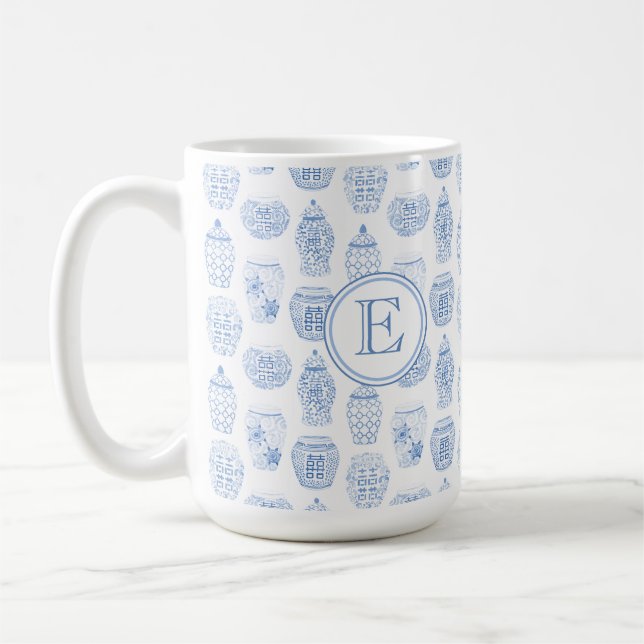 Initial Monogram Classic Blue White China Print Coffee Mug (Left)