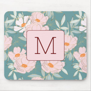 Initial monogram Elegant colourful floral Blue Pin Mouse Pad