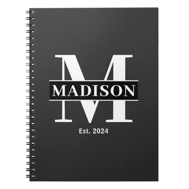 Initial Monogram Family Name Custom Black & White Notebook (Front)