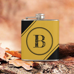 Initial Monogram Geometric Diagonal Black Gold Hip Flask