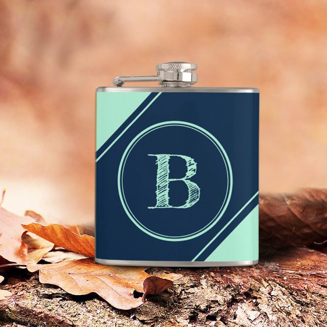 Initial Monogram Geometric Diagonal Blue Mint Hip Flask (Creator Uploaded)
