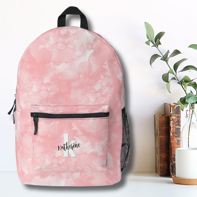 Initial Monogram Girls Watercolor Pink Printed Backpack (Modern Initial Monogram Pink Watercolor Printed Backpack )