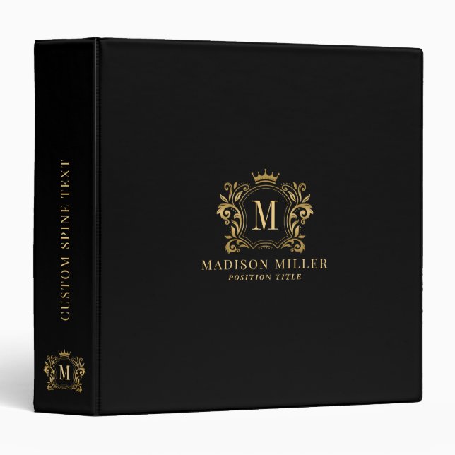 Initial monogram gold crest scrolls crown on black binder (Front/Spine)