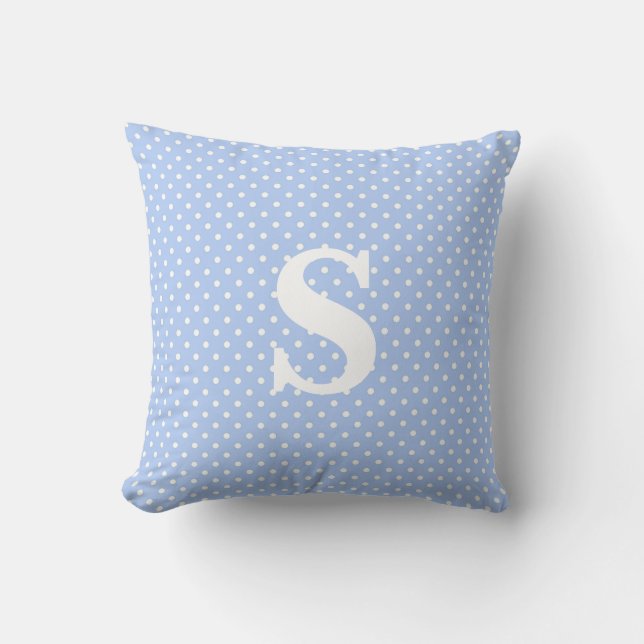 Initial Monogram Light Blue and White Dot  Throw Pillow (Front)