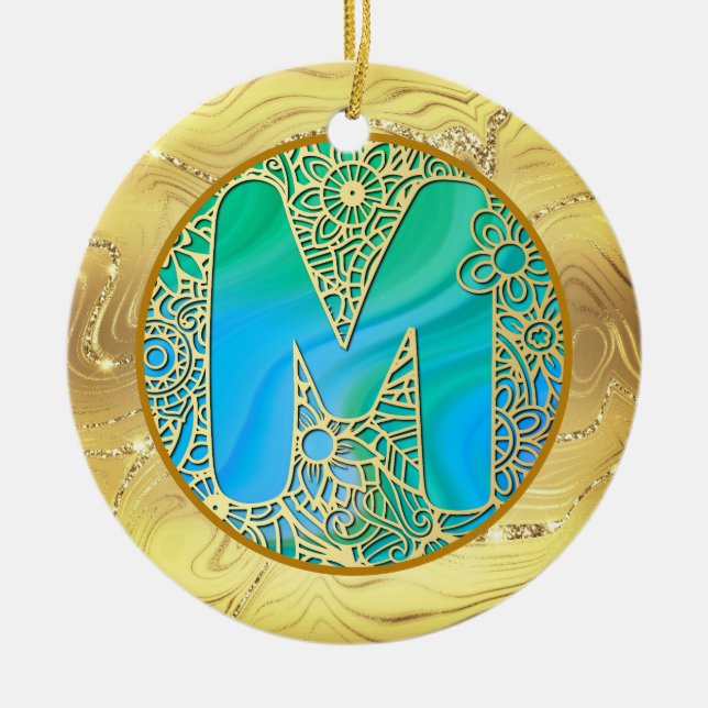  Initial Monogram M Christmas - Gold, Teal & Blue Ceramic Ornament (Front)