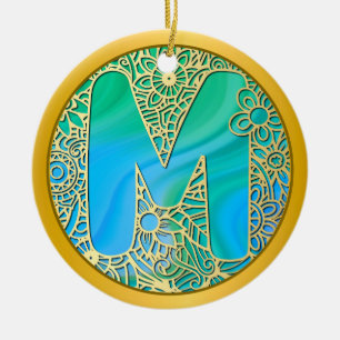 Initial Monogram M Christmas - Gold, Teal & Blue Ceramic Ornament
