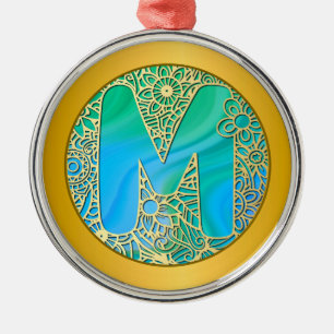 Initial Monogram M Christmas - Gold , Teal & Blue Metal Ornament