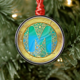 Initial Monogram M Christmas - Gold, Teal & Blue Metal Ornament