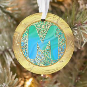 Initial Monogram M Christmas - Gold, Teal & Blue Ornament