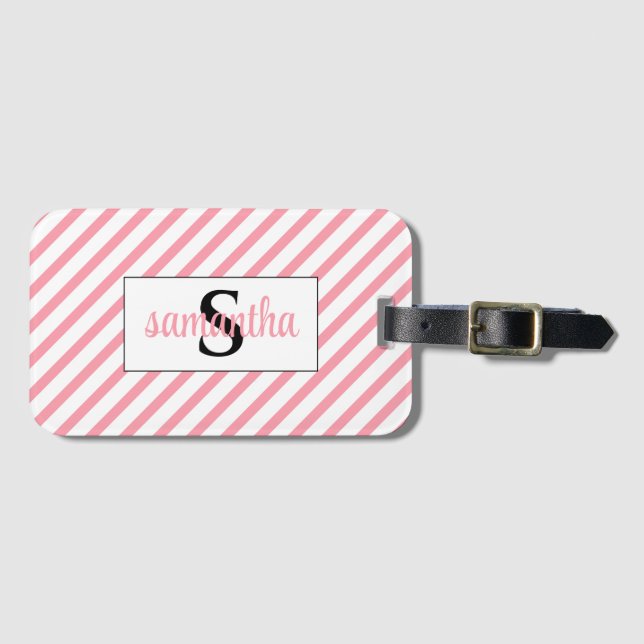 Initial Monogram Name Pink and White Luggage Tag (Front Horizontal)