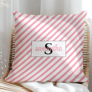 Initial Monogram Name Pink and White Throw Pillow