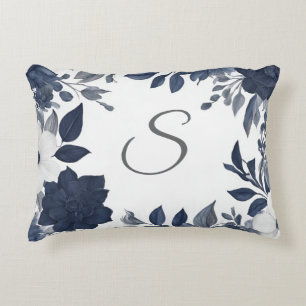 Initial Monogram Navy Blue Grey Farmhouse Floral Accent Pillow