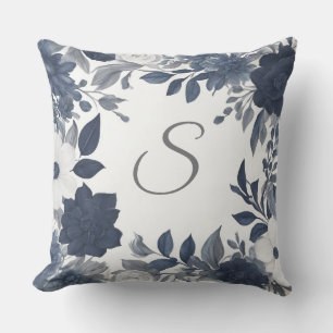 Initial Monogram Navy Blue Grey Farmhouse Floral Outdoor Pillow
