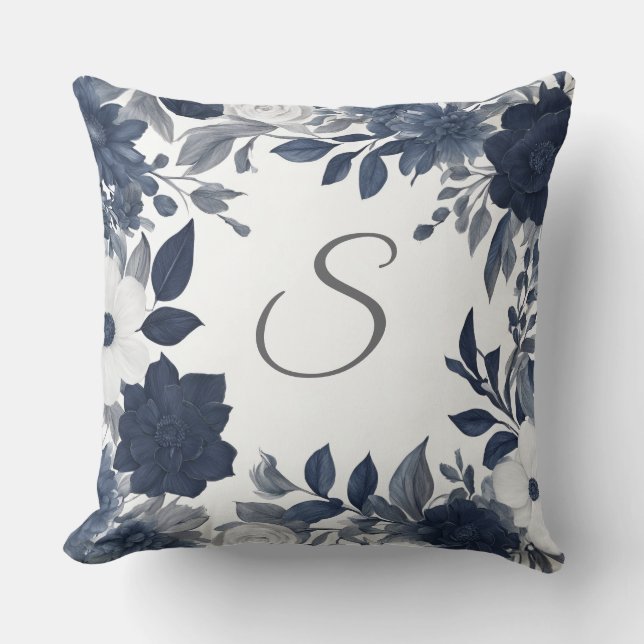 Initial Monogram Navy Blue Grey Farmhouse Floral Throw Pillow (Front)