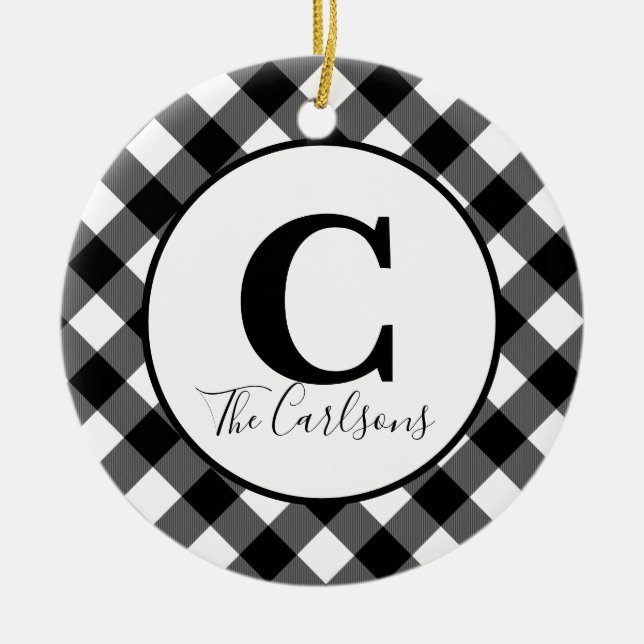 Initial Monogram Photo Black White Buffalo Plaid Ceramic Ornament (Front)