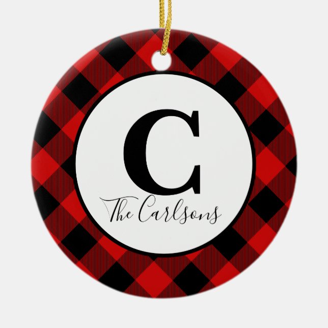 Initial Monogram Photo Red Black Buffalo Plaid Ceramic Ornament (Front)