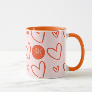 Initial monogram - pink orange and red hearts mug