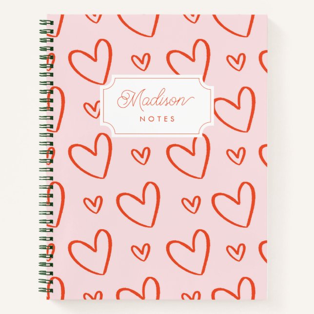 Initial monogram preppy hearts pink & red notebook (Front)