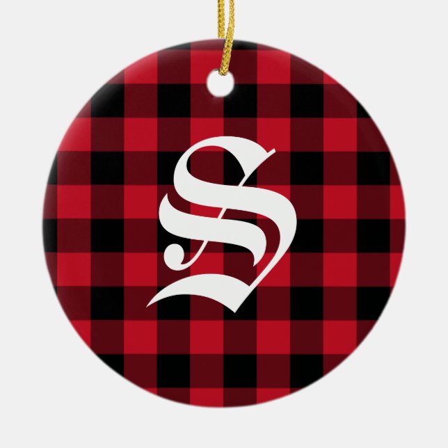 Initial Monogram Red Black Buffalo Check Plaid Ceramic Ornament (Front)