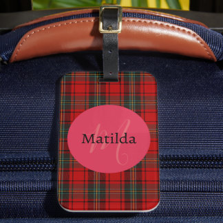 Initial Monogram Red Tartan Custom Text Luggage Tag