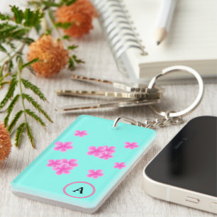 initial monogram retro pink floral personalized keychain