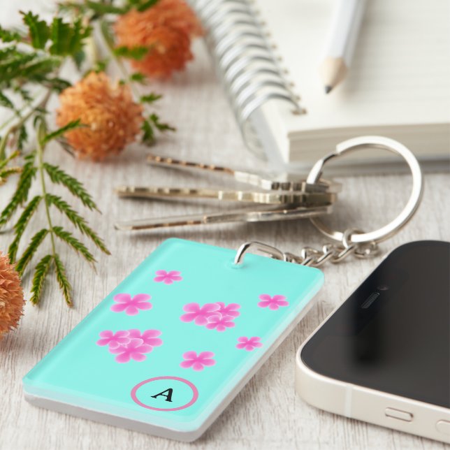 initial monogram retro pink floral personalized keychain (Front Right)