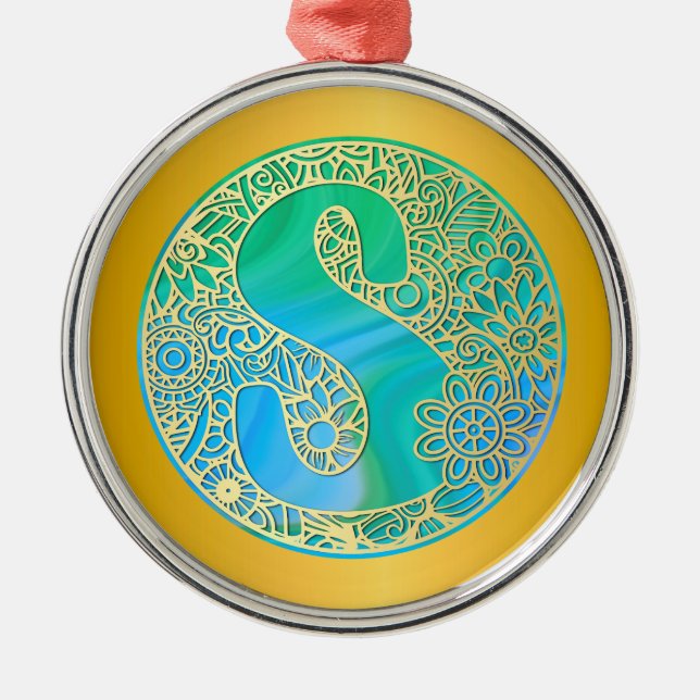 Initial Monogram S Christmas - Gold, Teal & Blue Metal Ornament (Front)