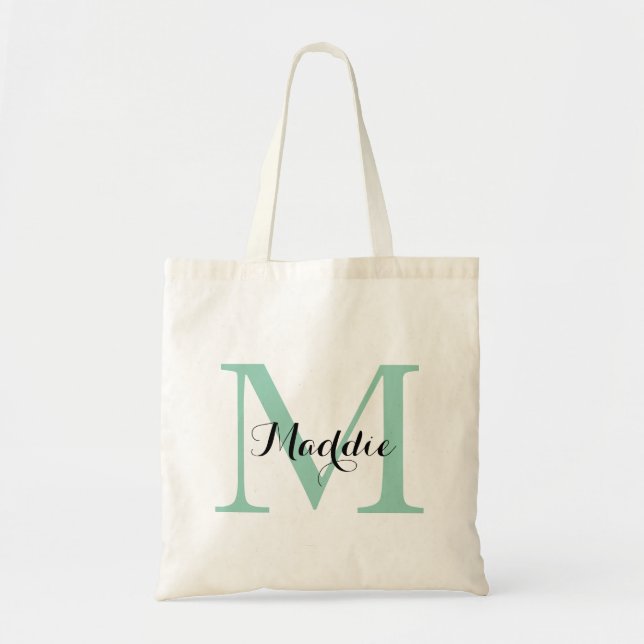 Initial Monogram Tote Bag, Mint Green and Black Bag (Front)