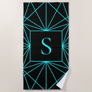 Initial Monogram   Turquoise Geometric Design Beach Towel