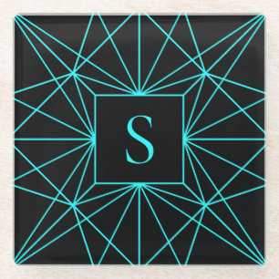 Initial Monogram Turquoise Geometric Design Glass Coaster