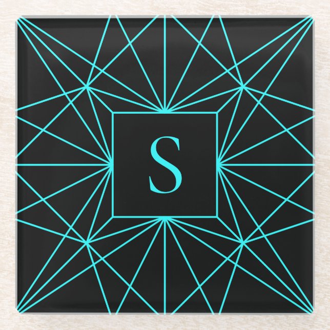 Initial Monogram | Turquoise Geometric Design Glass Coaster (Front)