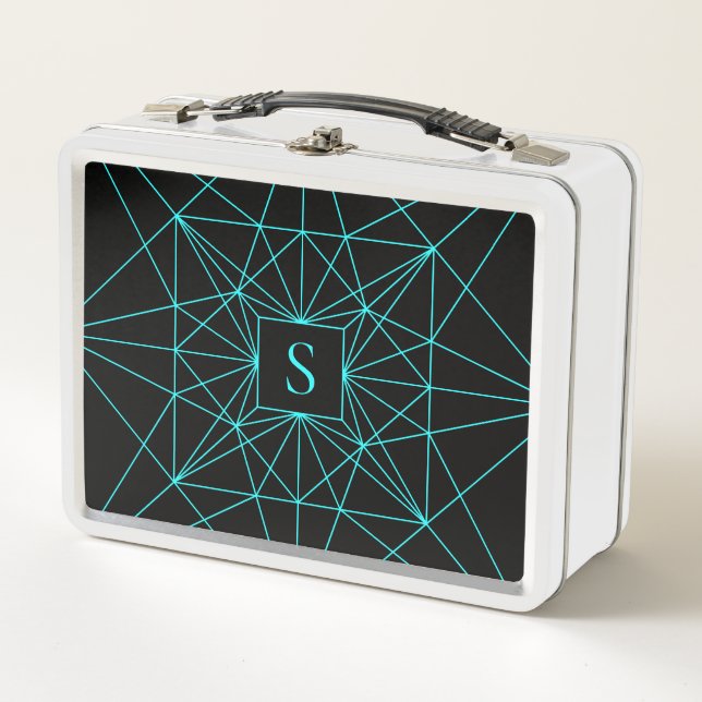 Initial Monogram | Turquoise Geometric Design Metal Lunch Box (Front)