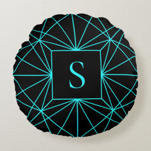 Initial Monogram Turquoise Geometric Design Round Pillow