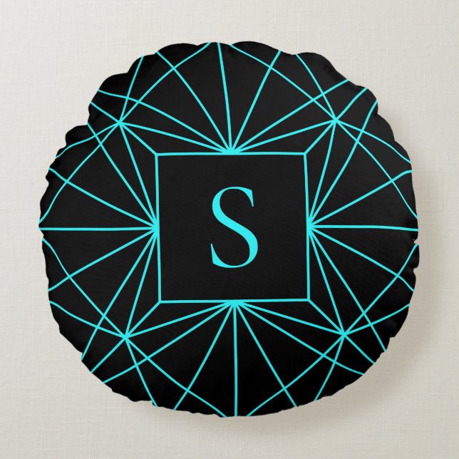 Initial Monogram | Turquoise Geometric Design Round Pillow (Front)