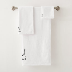 Initial Monogram Typography Black White Custom Bath Towel Set