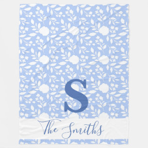 Initial Monogram White and Light Blue Fleece Blanket