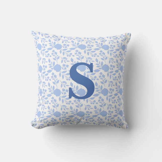Initial Monogram White and Light Blue Floral Throw Pillow (Front)