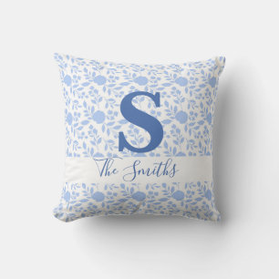 Initial Monogram White and Light Blue Floral Throw Pillow