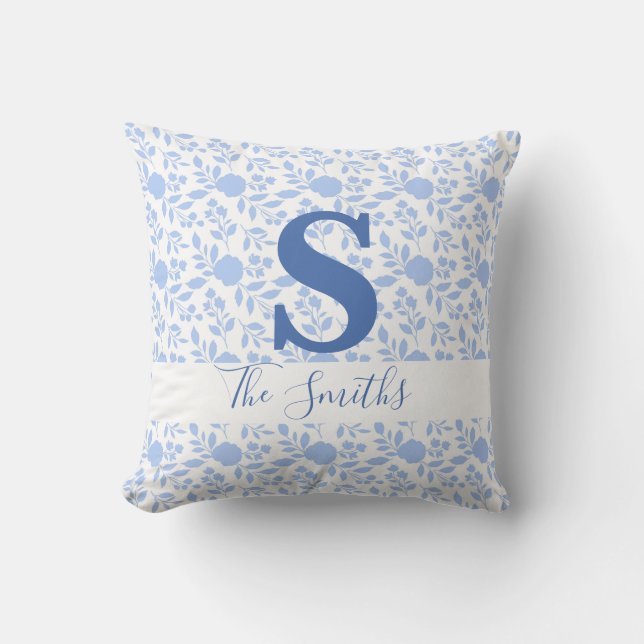 Initial Monogram White and Light Blue Floral Throw Pillow (Front)