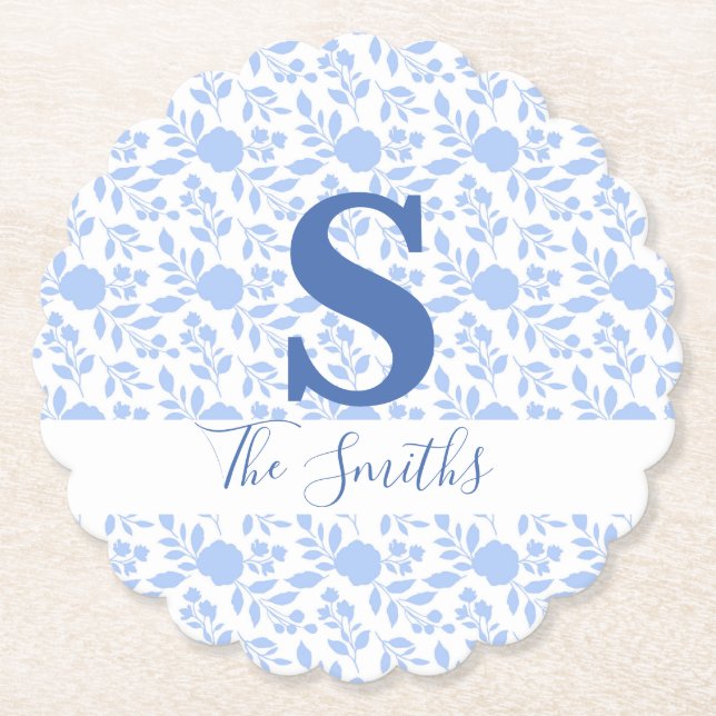 Initial Monogram White and Light Blue Paper Coaster (Front)