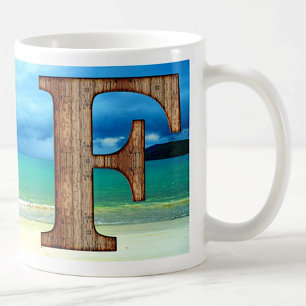 Initial Monogram Wooden Letter A Beach Ocean Scene Coffee Mug