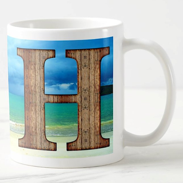 Initial Monogram Wooden Letter H Beach Ocean Scene Coffee Mug (Creator Uploaded)