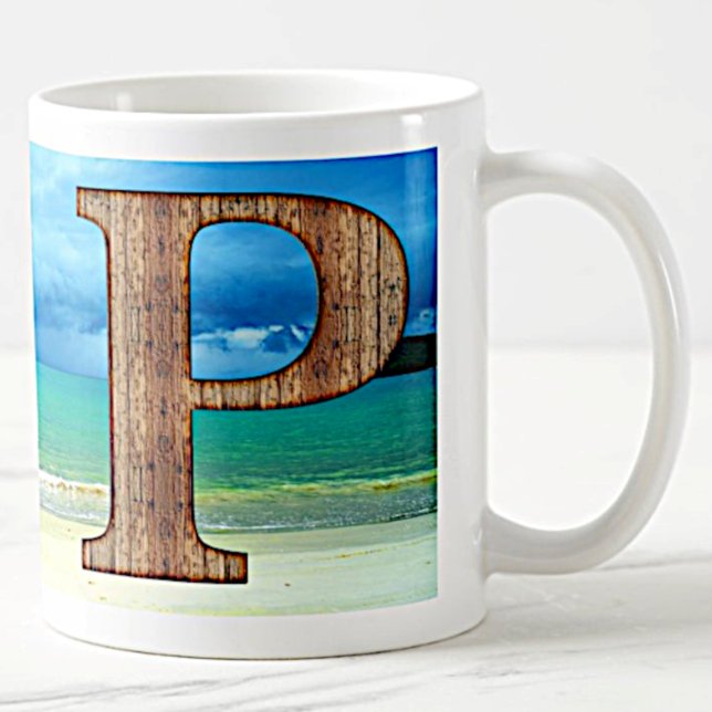 Initial Monogram Wooden Letter P Beach Ocean Scene Coffee Mug (Creator Uploaded)