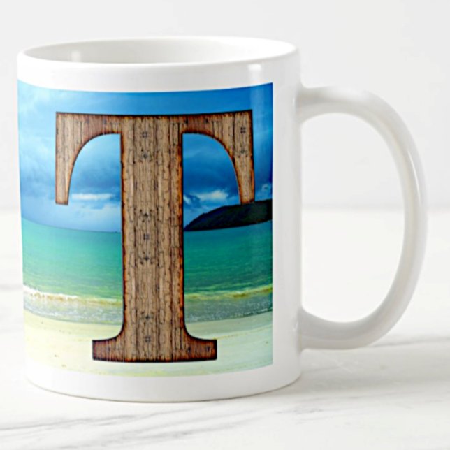 Initial Monogram Wooden Letter T Beach Ocean Scene Coffee Mug (Creator Uploaded)