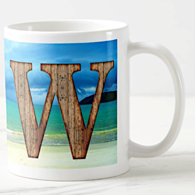 Initial Monogram Wooden Letter W Beach Ocean Scene Coffee Mug (Creator Uploaded)