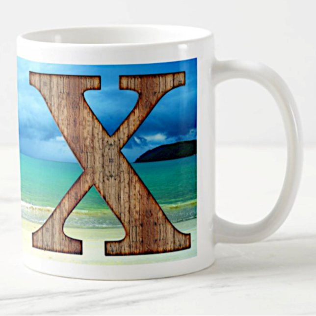 Initial Monogram Wooden Letter X Beach Ocean Scene Coffee Mug (Creator Uploaded)