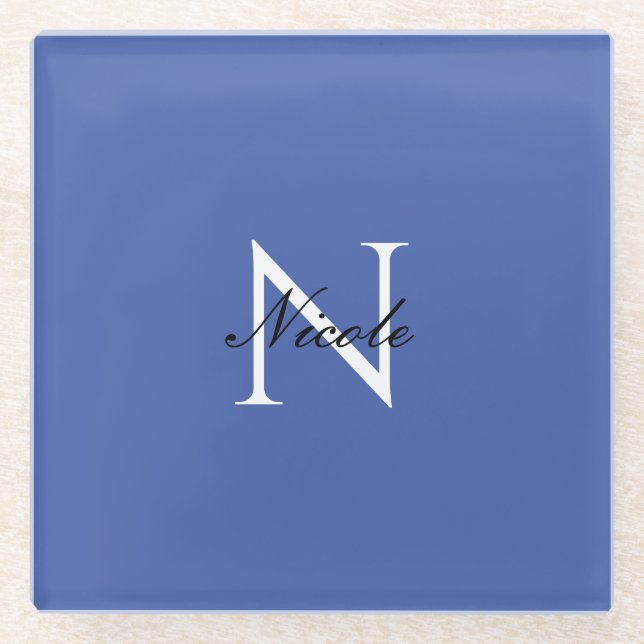 Initial Monogrammed Handwritten Own Name Blue Glass Coaster (Front)